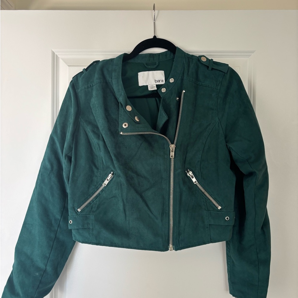 Bar III Green Leather Moto Jacket Asymmetrical Zipper Cropped